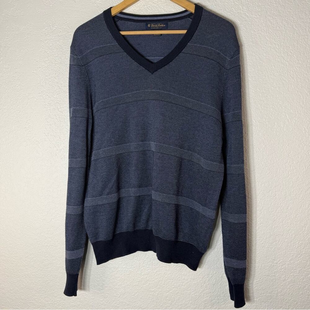 Brooks Brothers Blue Striped V-Neck Cotton Blend Sweater Men’s Medium Office